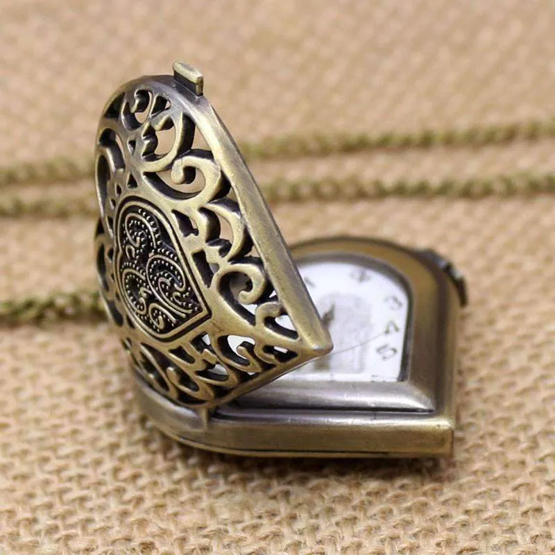 Antique Bronze Heart Locket Pocket Watch for Woman