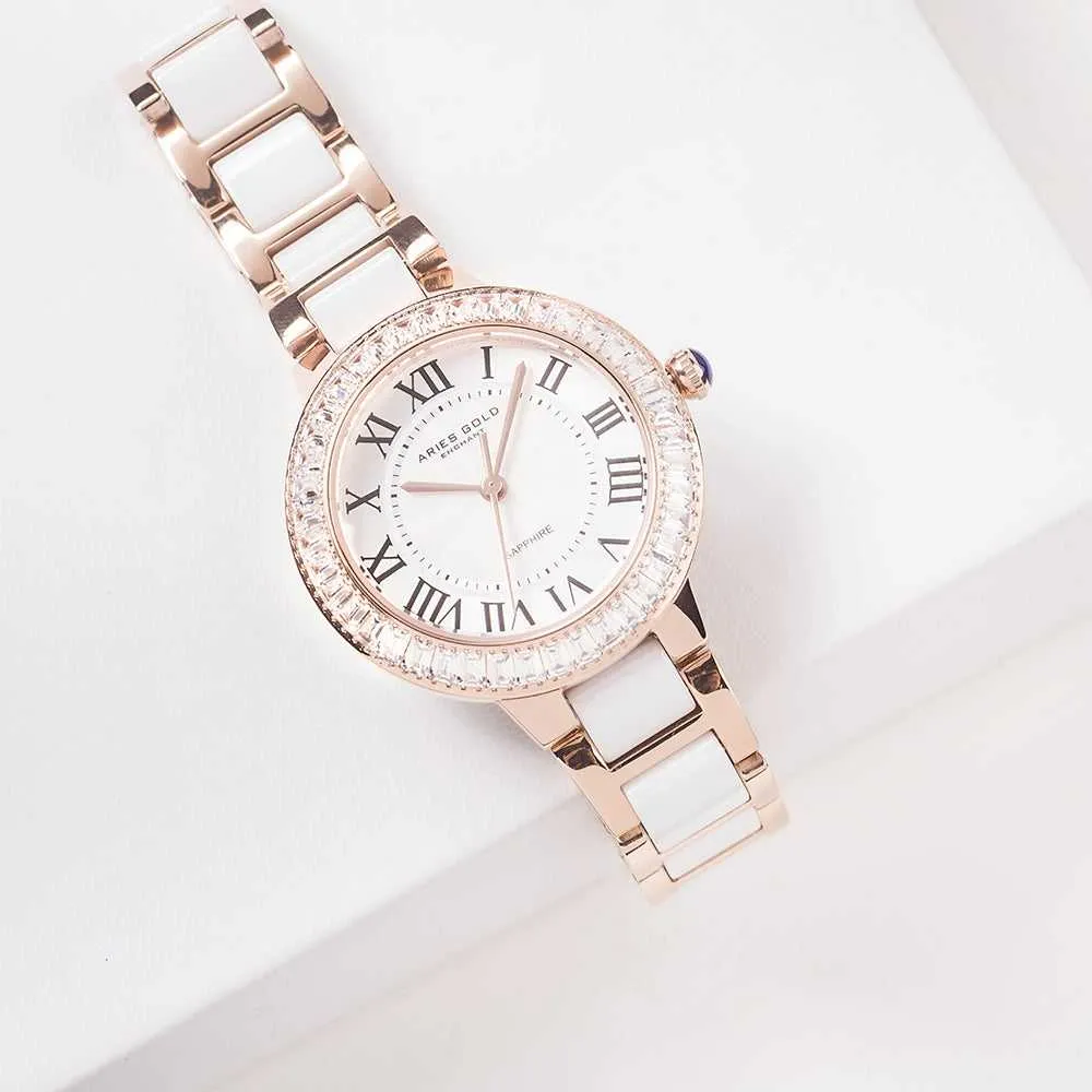 ARIES GOLD ENCHANT CAPELLA ROSE GOLD STAINLESS STEEL L 5015Z RG-W WHITE CERAMIC WOMEN'S WATCH