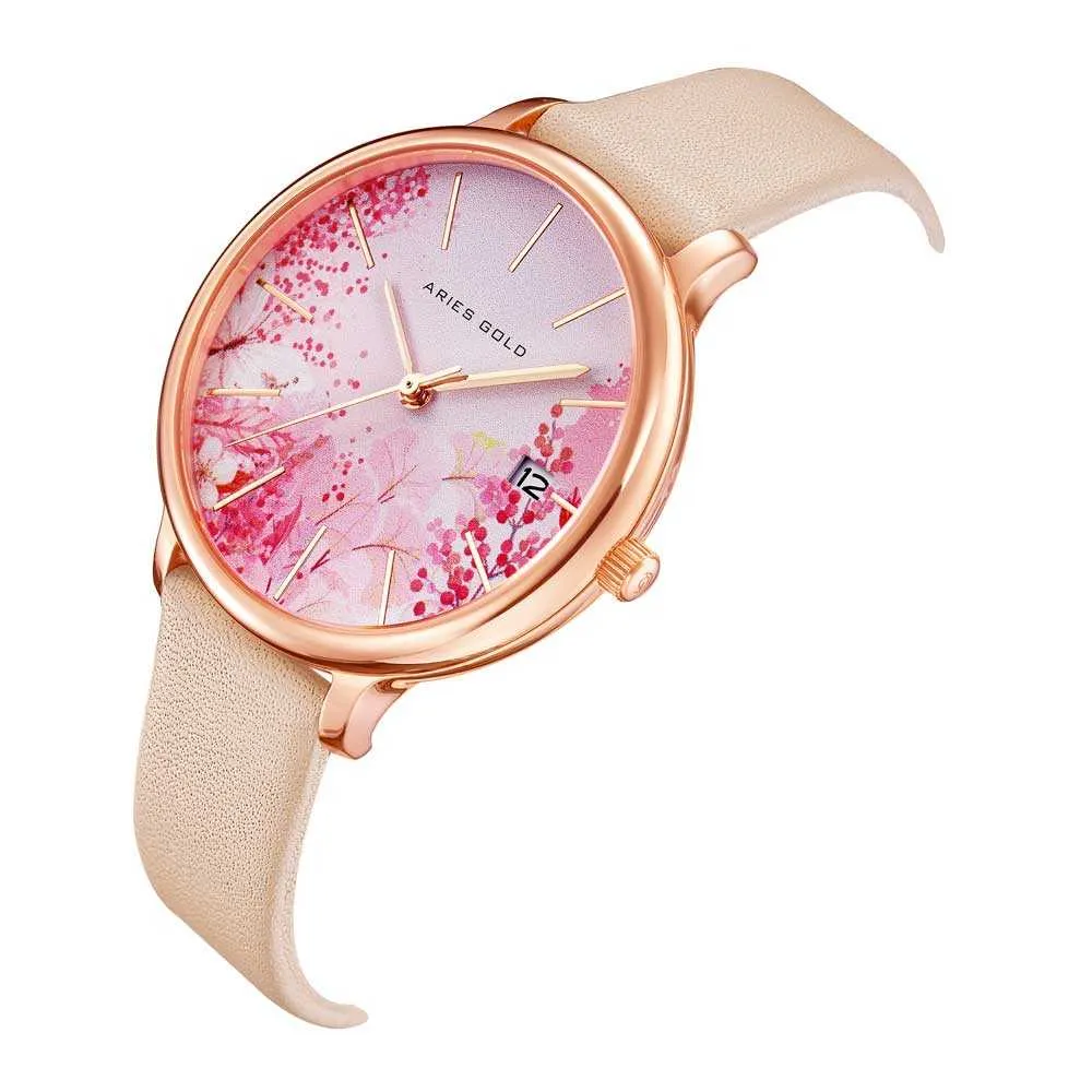 ARIES GOLD ENCHANT FLEUR ROSE GOLD STAINLESS STEEL L 5035 RG-PKFL LEATHER STRAP WOMEN'S WATCH