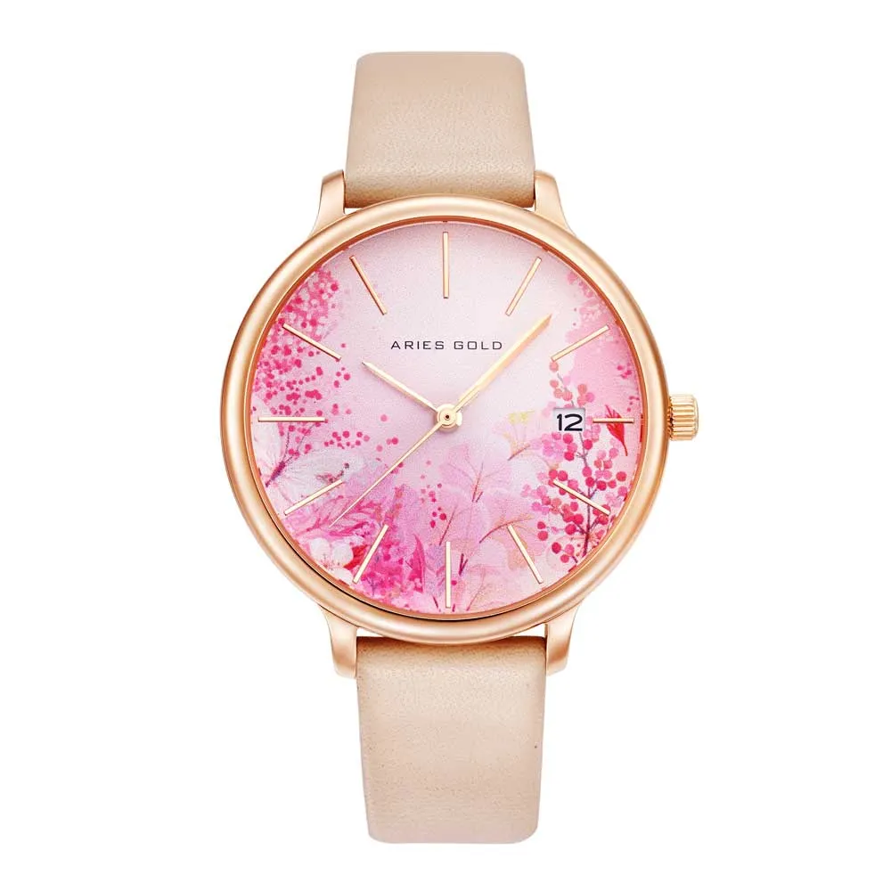 ARIES GOLD ENCHANT FLEUR ROSE GOLD STAINLESS STEEL L 5035 RG-PKFL LEATHER STRAP WOMEN'S WATCH