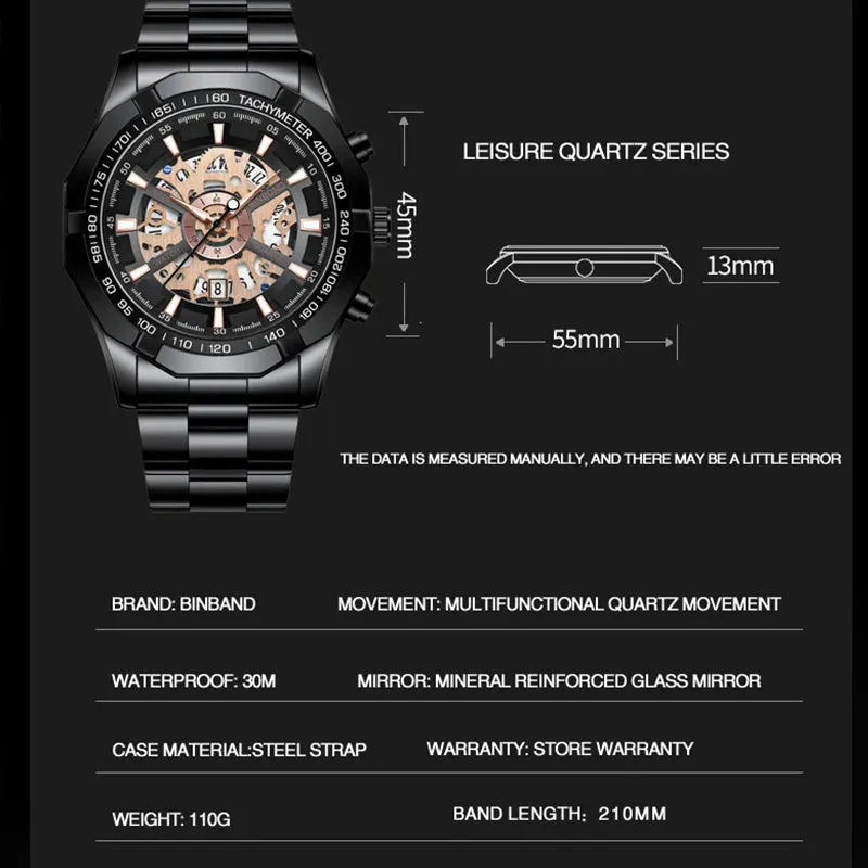 BINBOND Luxury Hollow Non-Mechanical Quartz Watch for Men - 30M Waterproof Classic Design S033