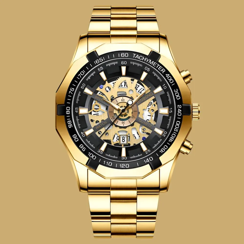 BINBOND Luxury Hollow Non-Mechanical Quartz Watch for Men - 30M Waterproof Classic Design S033