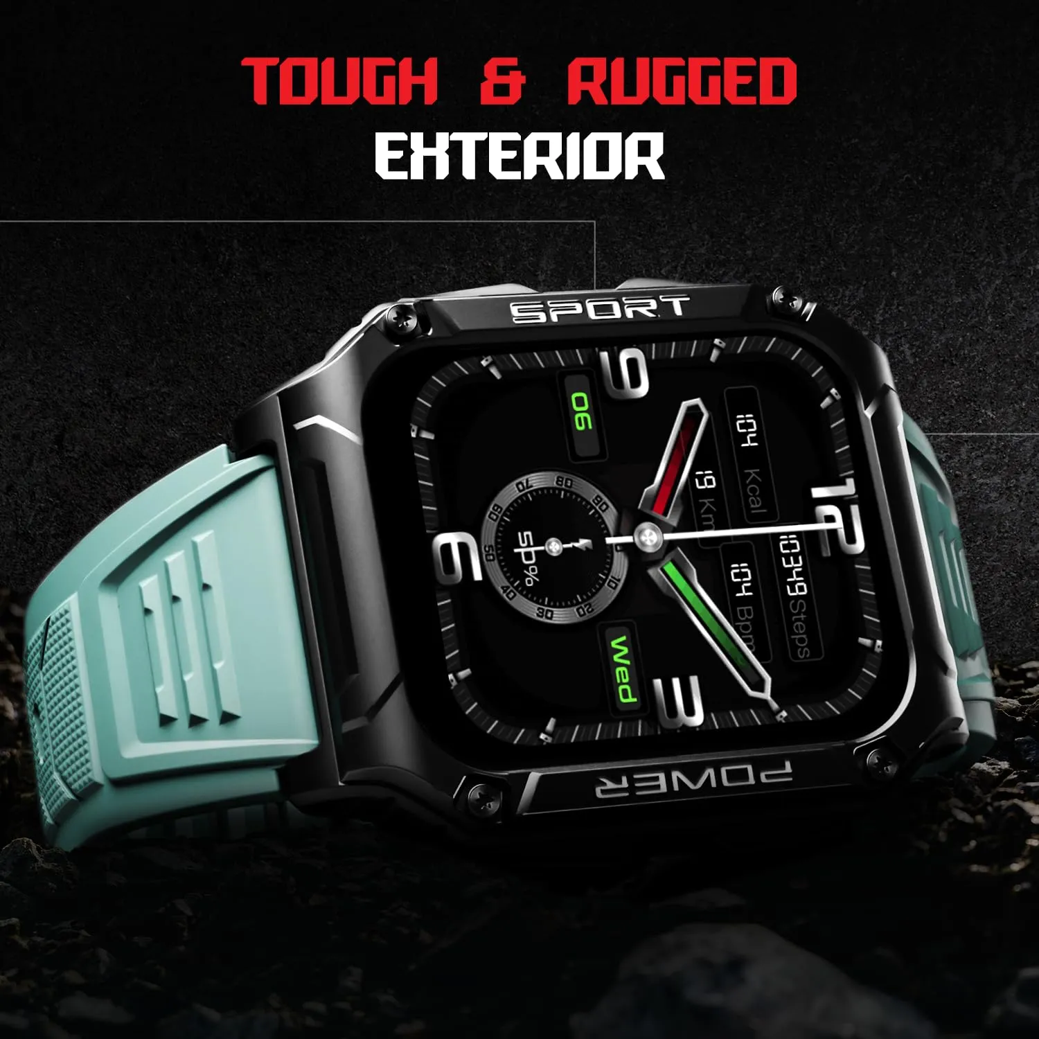 boAt Wave Armour 2 Smart Watch with 1.96" HD Display,BT Calling, Coins, Rugged Design,100 Watch Faces,Compass Feature,Big Box Speakers, HR&SPO2 and Stress Monitoring,IP68(Teal Green)