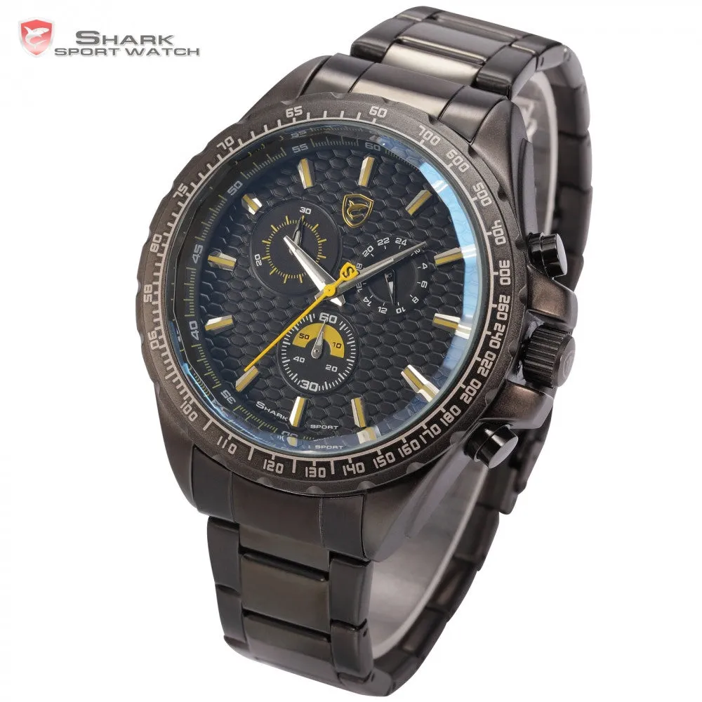 Brand New Shark Sport Watch Bezel Chronograph 24 Hours Black Yellow Dial Stainless Steel Band Men Outdoor Wristwatch Gift