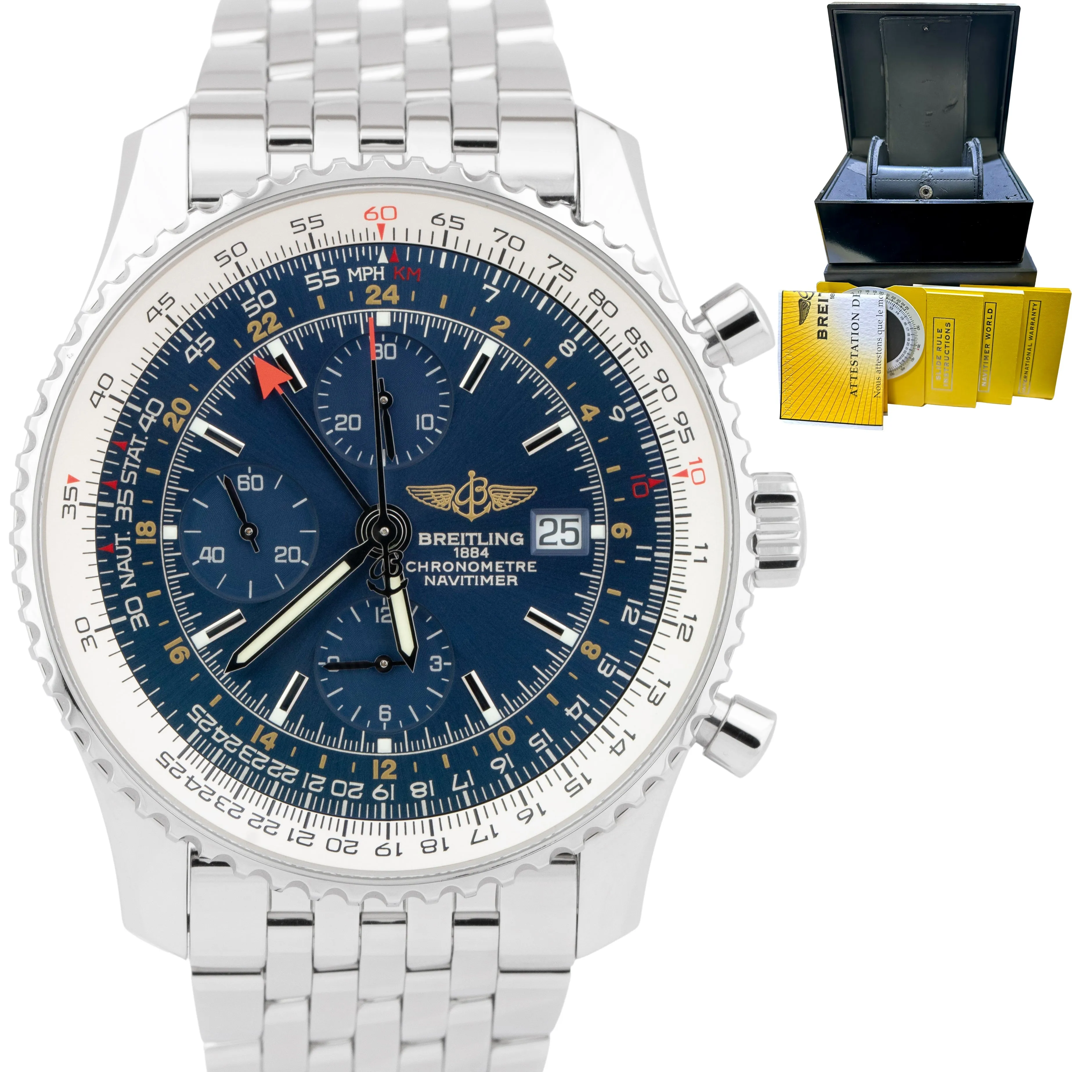 Breitling Navitimer World GMT Steel Blue 46mm A24322 Chronograph Watch PAPERS