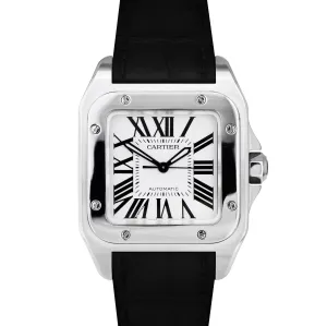 Cartier Santos 100 Midsize Automatic Stainless Leather Watch 2878 W20106X8 BOX