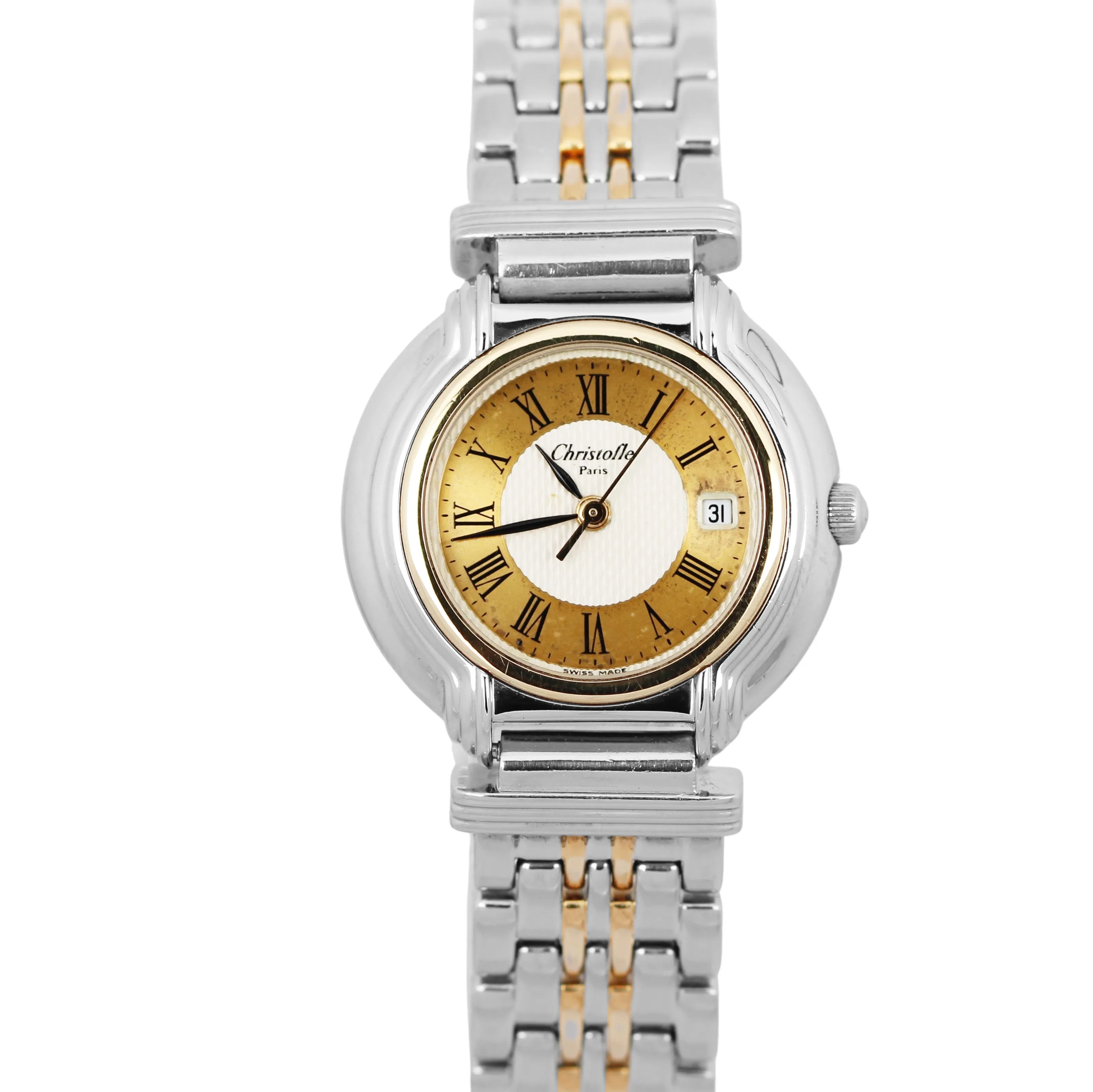 Christofle Paris Calendar Two Tone 27mm Gold Plate Stainless Steel 2718001 Watch