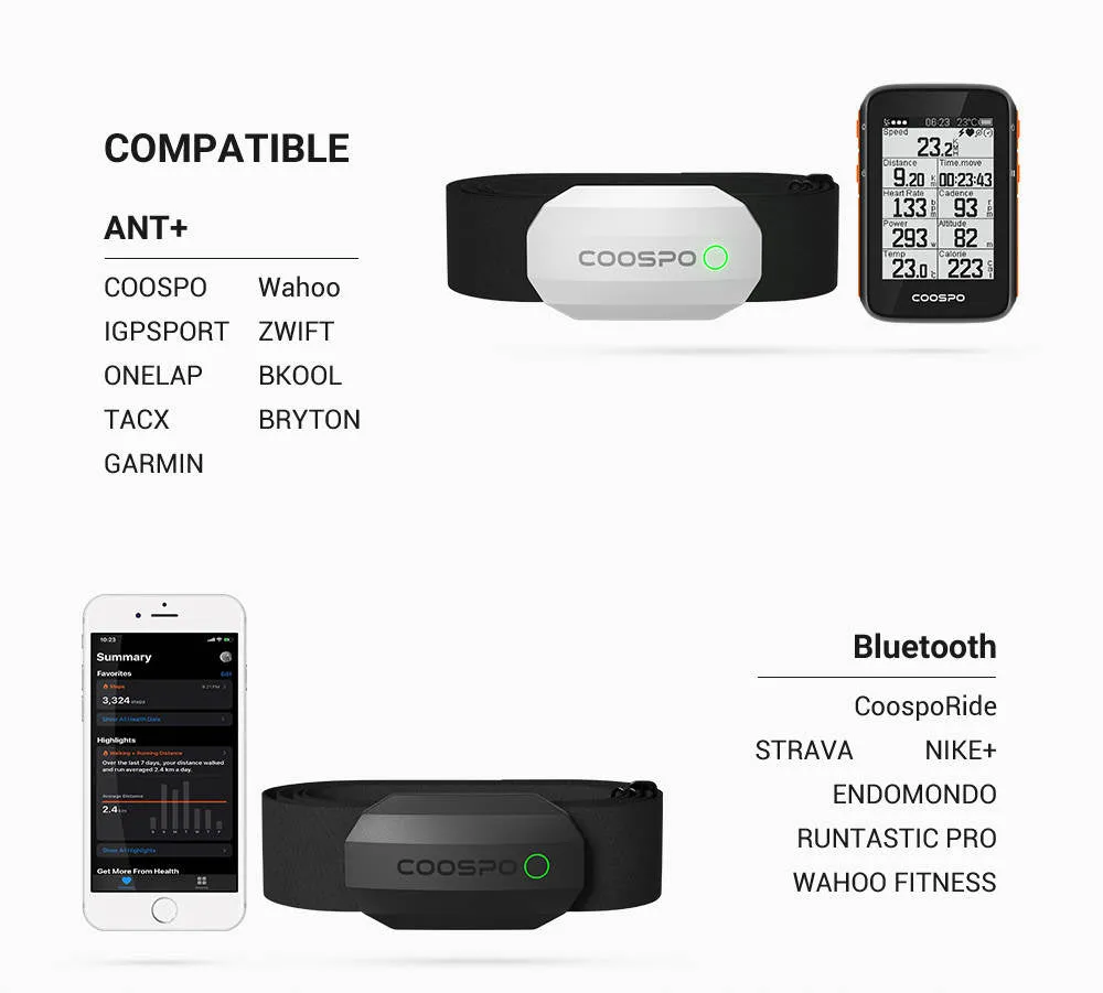 COOSPO H808S Heart Rate Monitor Bluetooth ANT  Chest Strap Heart Rate Monitor, Compatible with CoospoRide Peloton Zwift DDP Yoga Bike Computers Sports Watches