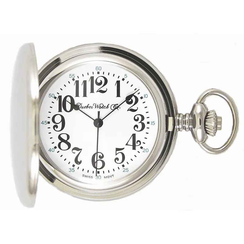 Dueber 312-310 Pocket Watch, Swiss Made Quartz Movement, Chrome Plated Steel Hunting Case