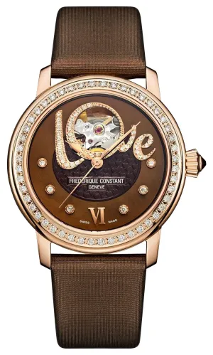 Frederique Constant Love Heart Beat Automatic Rose Gold Plated Steel Brown Dial Brown Satin Strap Diamonds Womens Watch FC-310CLHB2PD4