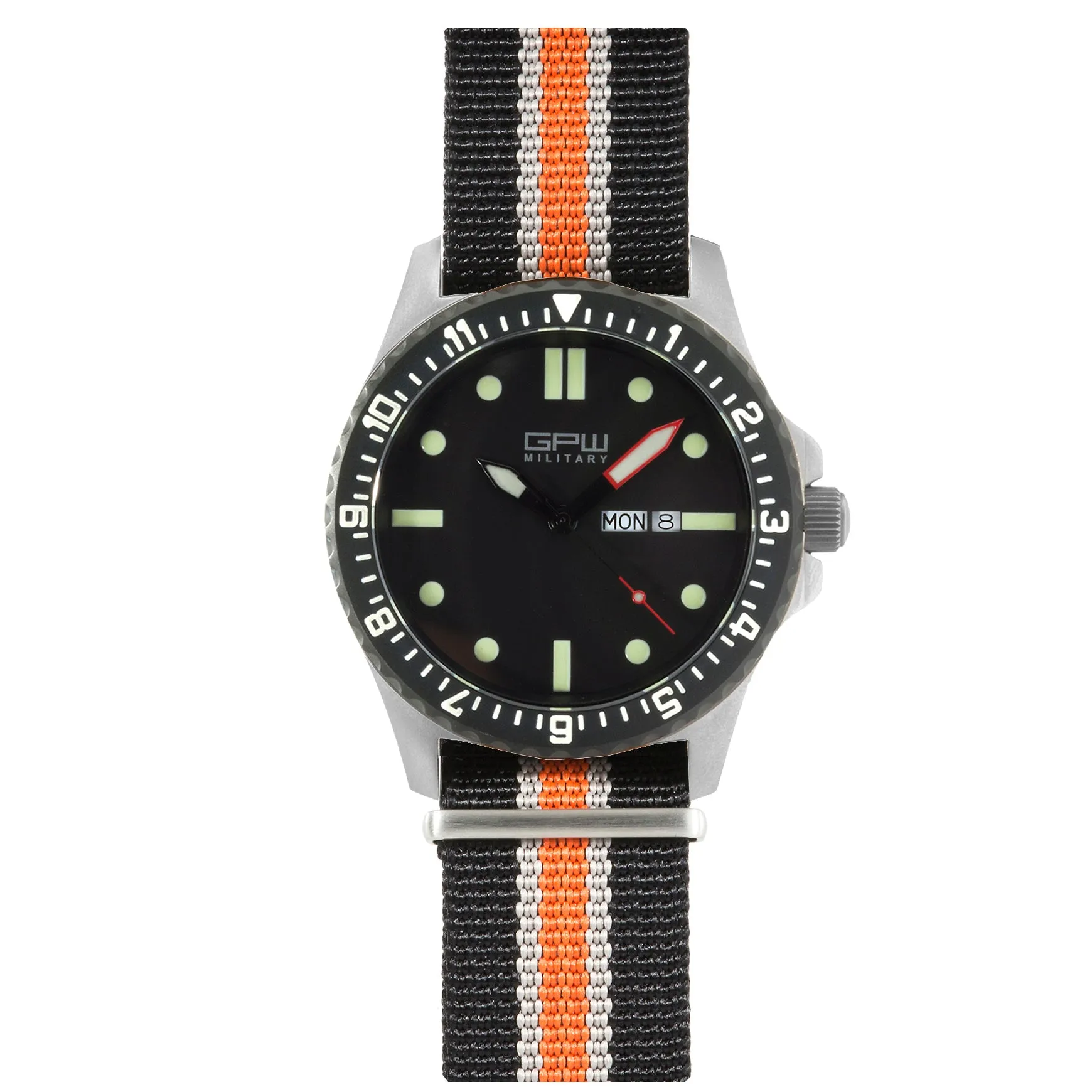 German Military Titanium Watch. GPW Day Date. 200M W/R. Sapphire Crystal. Black White & Orange Nylon Strap.