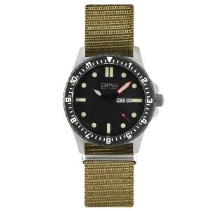 German Military Titanium Watch. GPW Day Date. 200M W/R. Sapphire Crystal. Olive Nylon Strap.