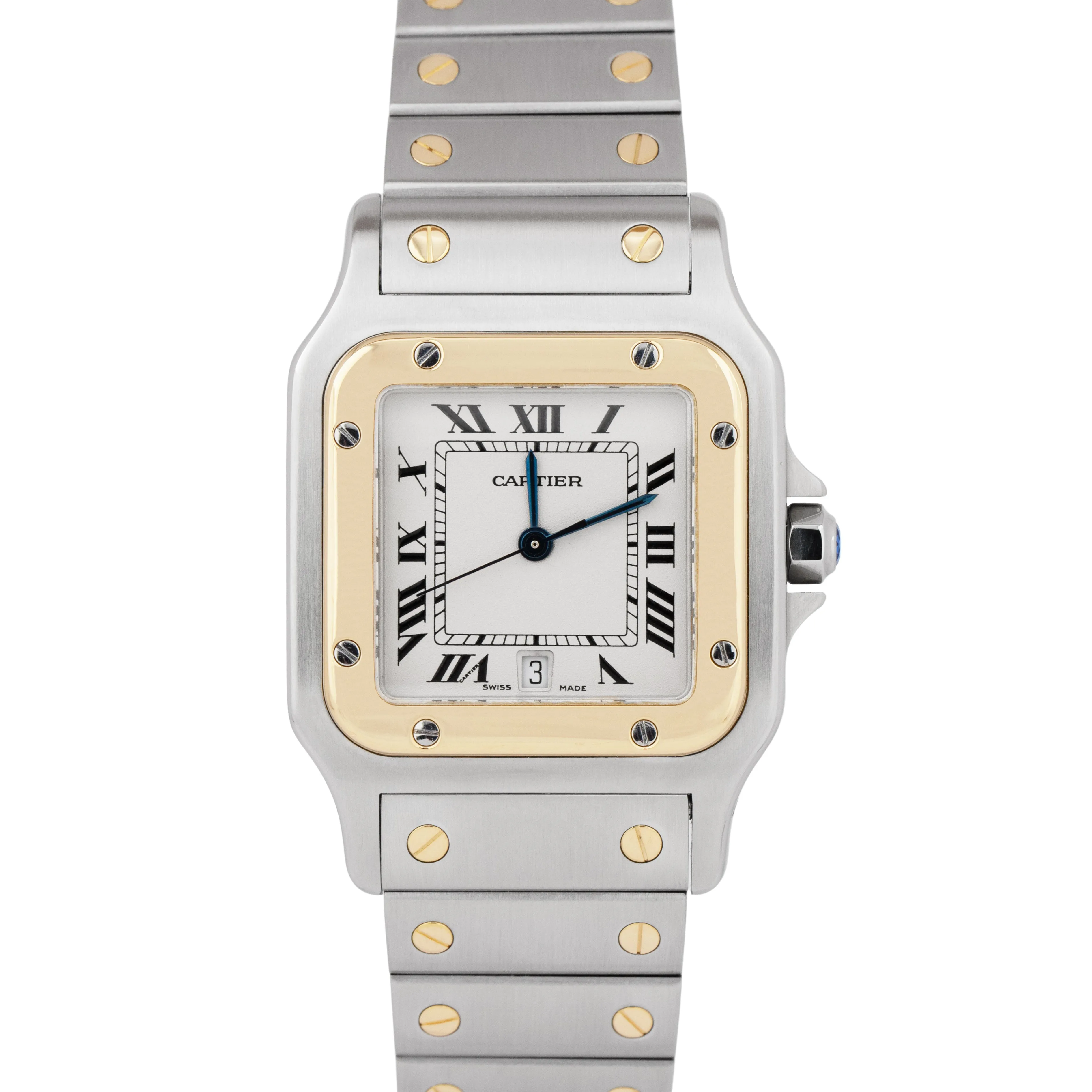 Ladies Cartier Santos Galbee Two-Tone Gold Steel White 29mm Quartz Watch 1566