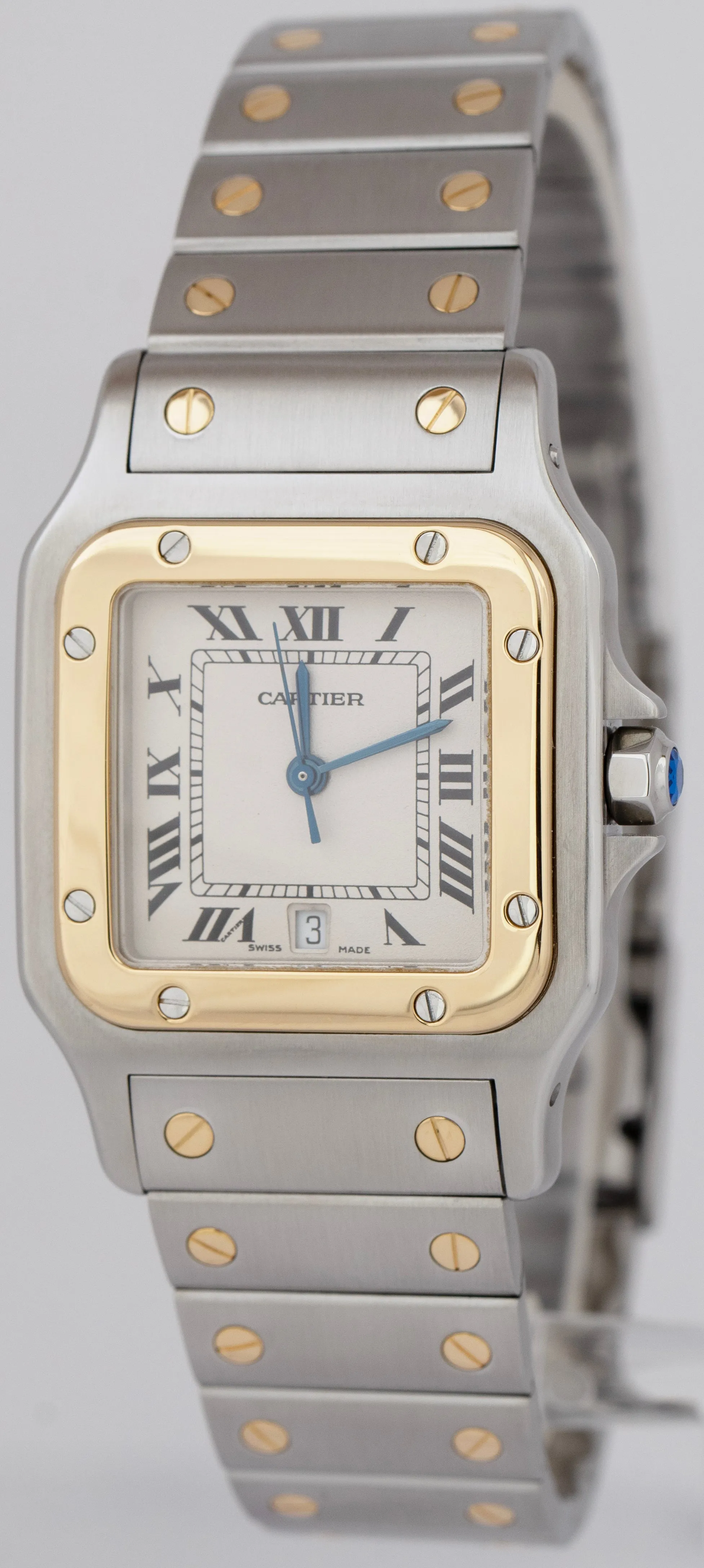 Ladies Cartier Santos Galbee Two-Tone Gold Steel White 29mm Quartz Watch 1566