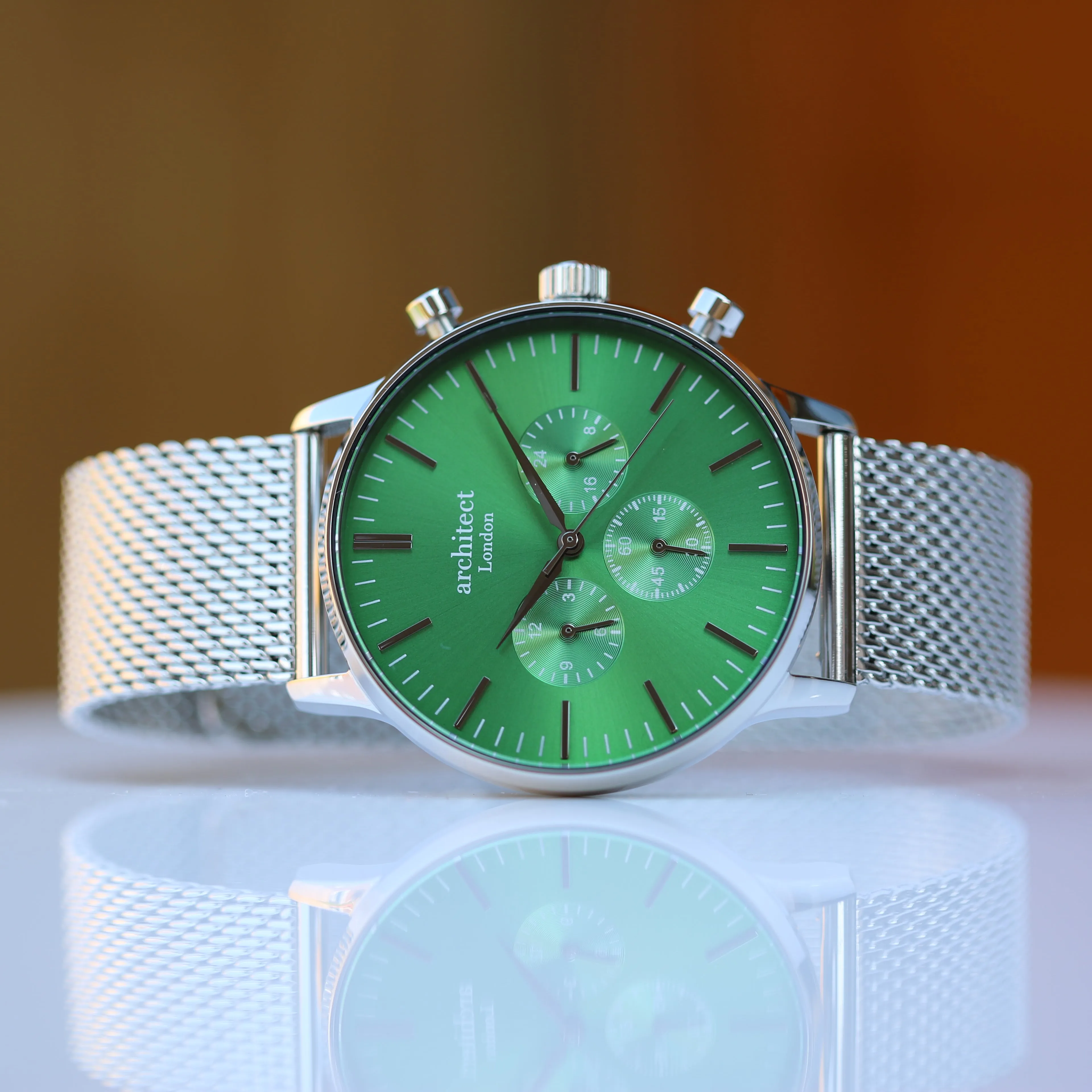 Men's Architect Motivator In Envy Green With Silver Mesh Strap - Modern Font Engraving