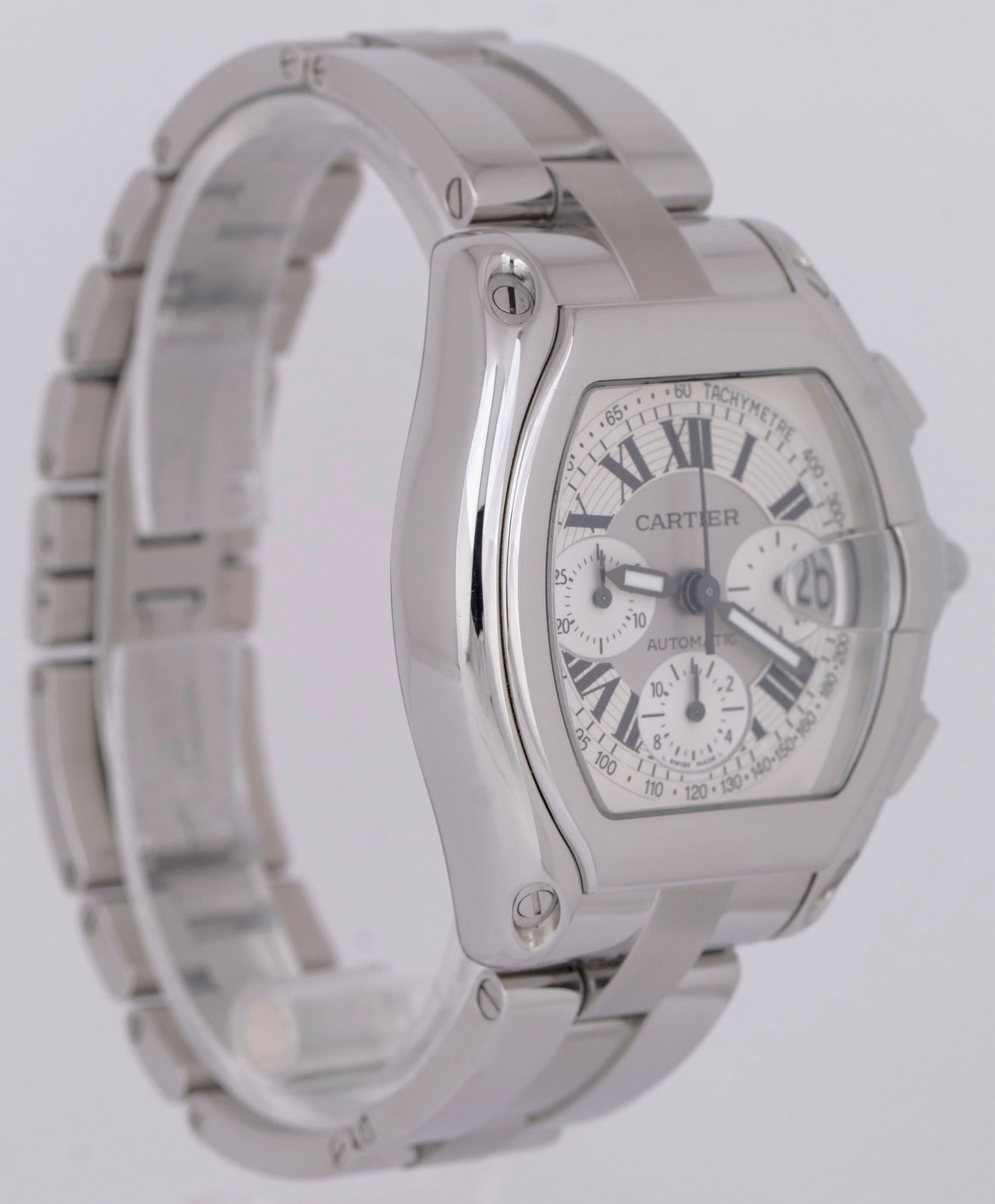 MINT Cartier Roadster XL Chronograph White Roman Steel Watch 2618 W62006X6