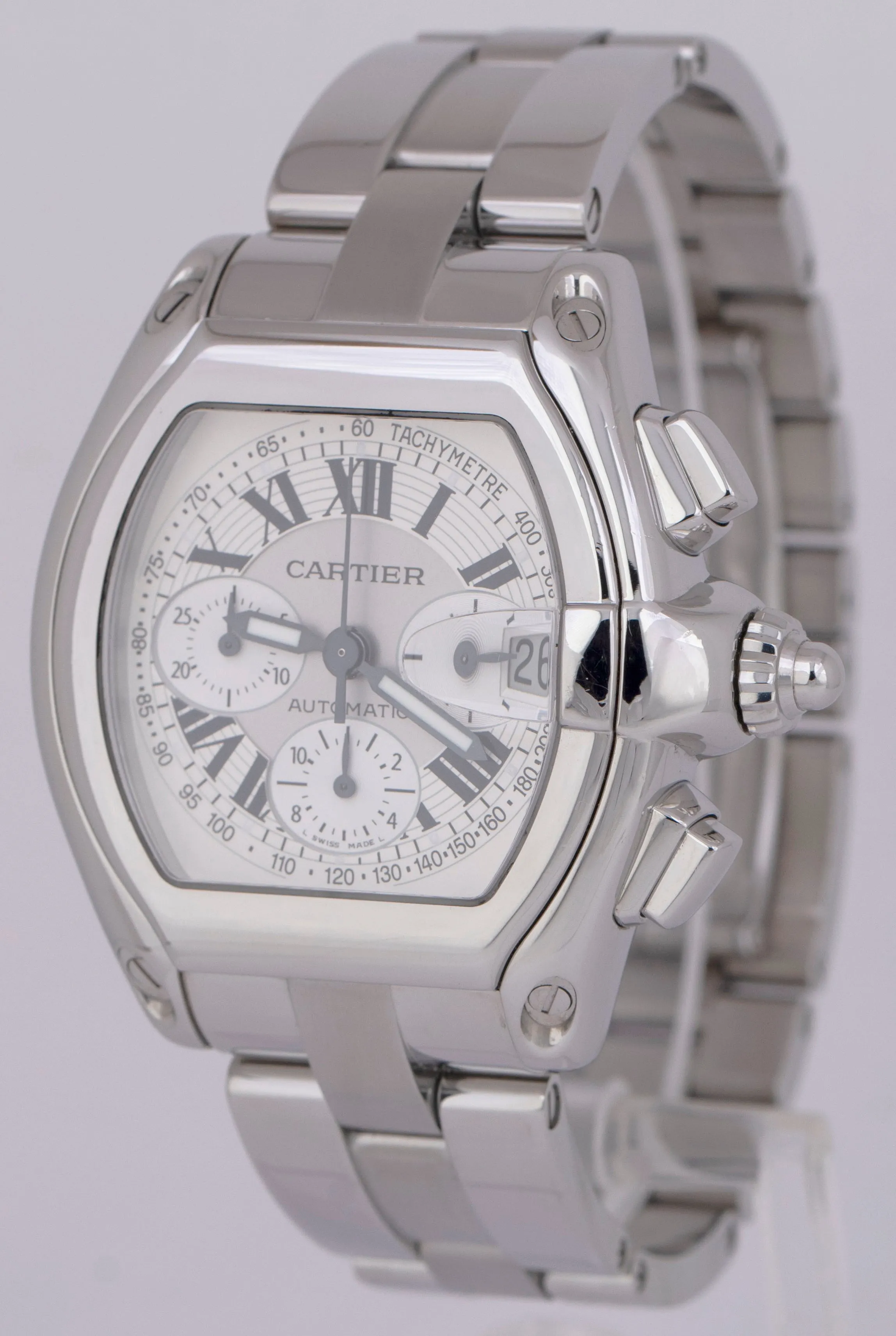 MINT Cartier Roadster XL Chronograph White Roman Steel Watch 2618 W62006X6