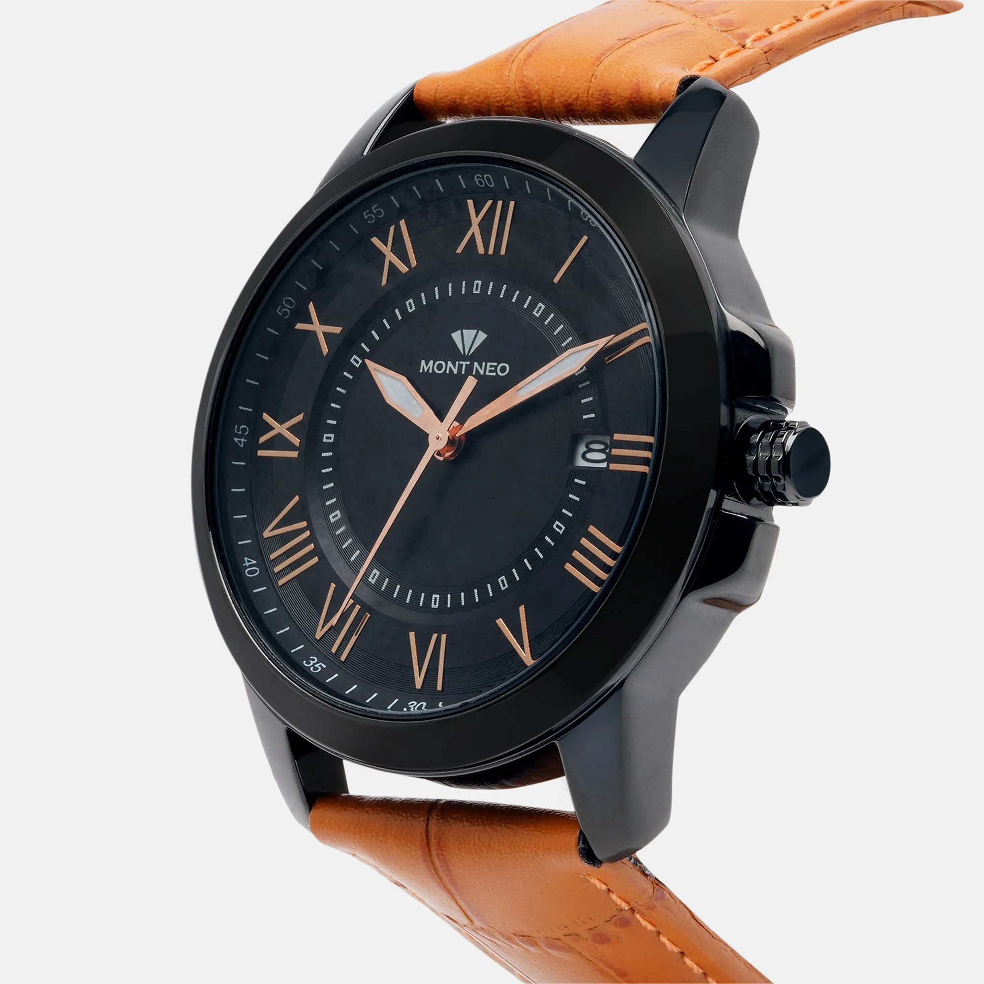 Modern Black Analog Men Leather Watch 8002E-L4404-01