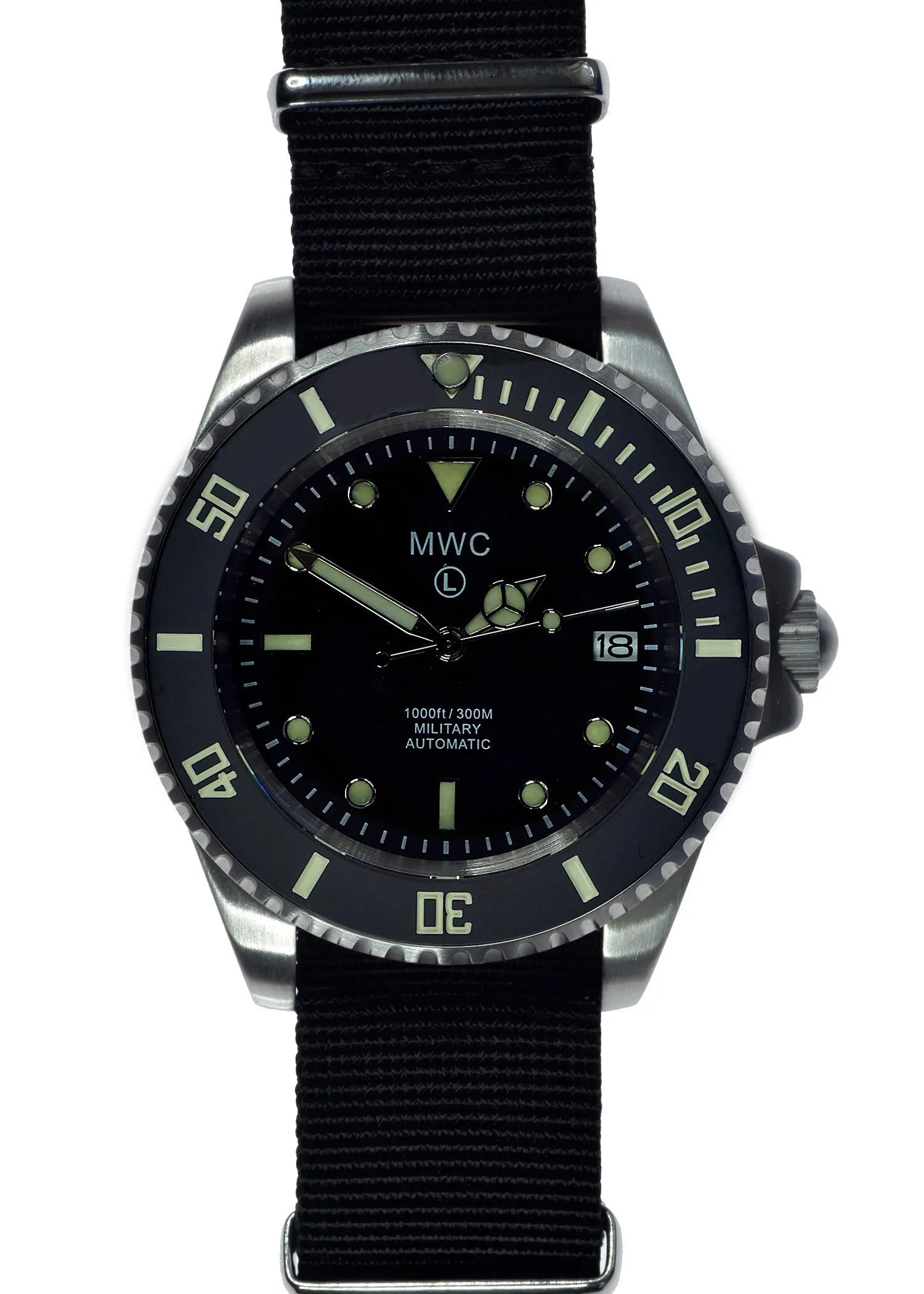 MWC 21 Jewel 300m Automatic Military Divers Watch with Sapphire Crystal and Ceramic Bezel on a NATO Webbing Strap