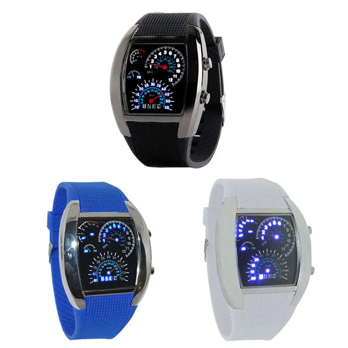 New Arrival Fashion Aviation Turbo Dial Flash LED Watch Gift Mens Lady Sports Car Meter