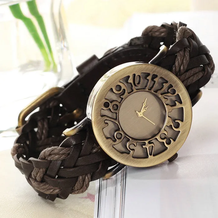 New Free Shipping Accurate Fashion Hot Brown Quartz Fashion Dial Classic Vintage Weave Leatheroid Womens Wrist Watch