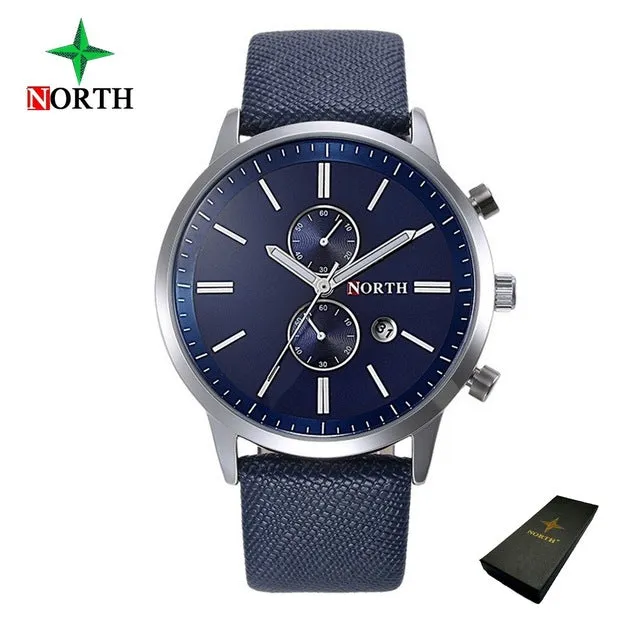 North Luxury Men Watches Business Casual Male Wristwatch Blue Silver Genuine Leather Unique Sport Man Quartz Watch Waterproof