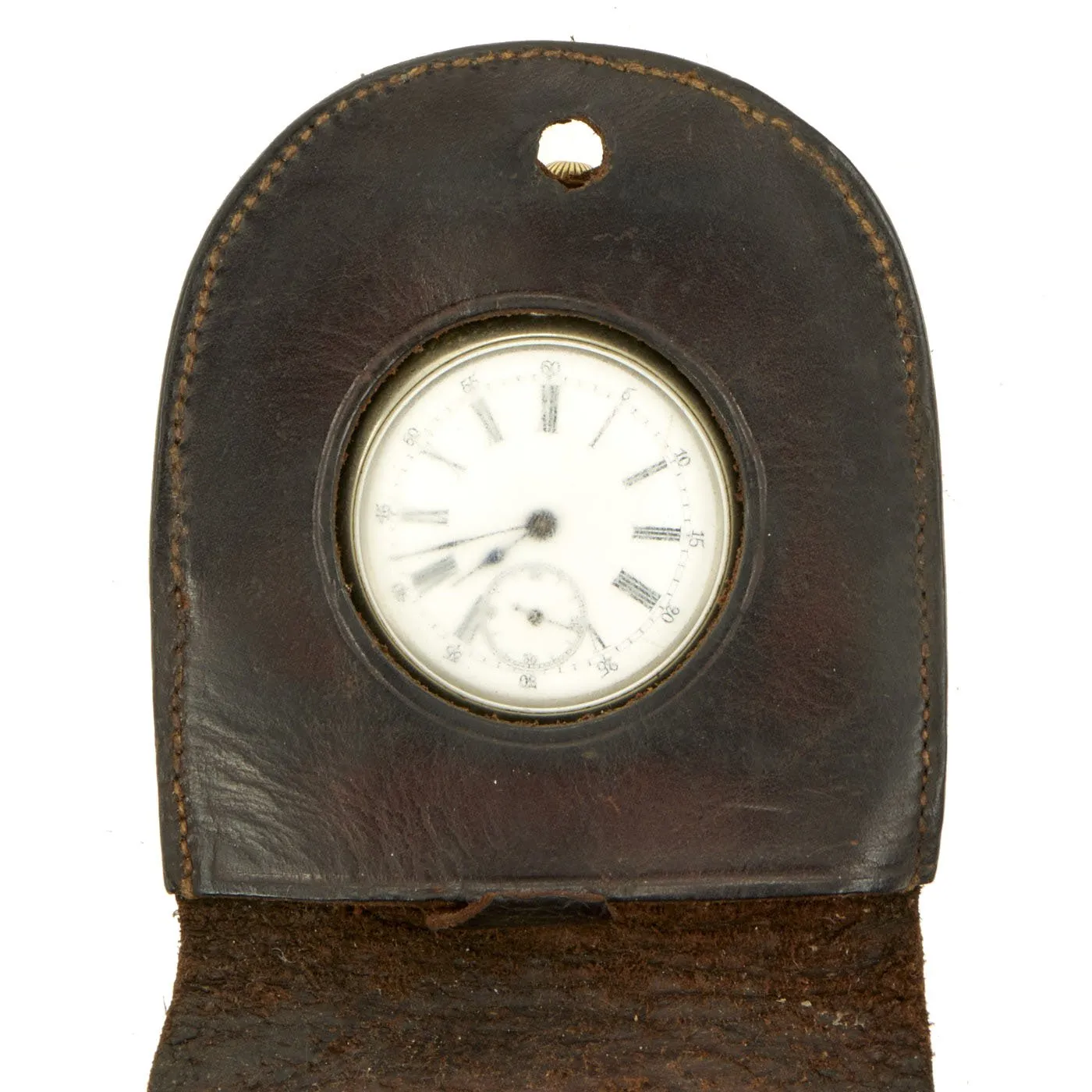 Original British Victorian Silver Pocket Watch in Sam Browne Leather Belt Carrier - Circa 1890