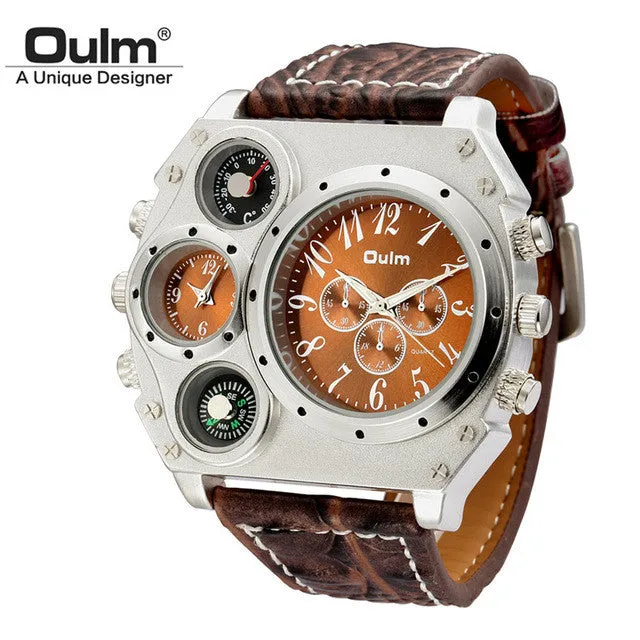 Oulm Large Big Dial Luxury Design Mens Sports Watches Male Quartz Watch Unique Leather Strap Wristwatch relogio esportivo