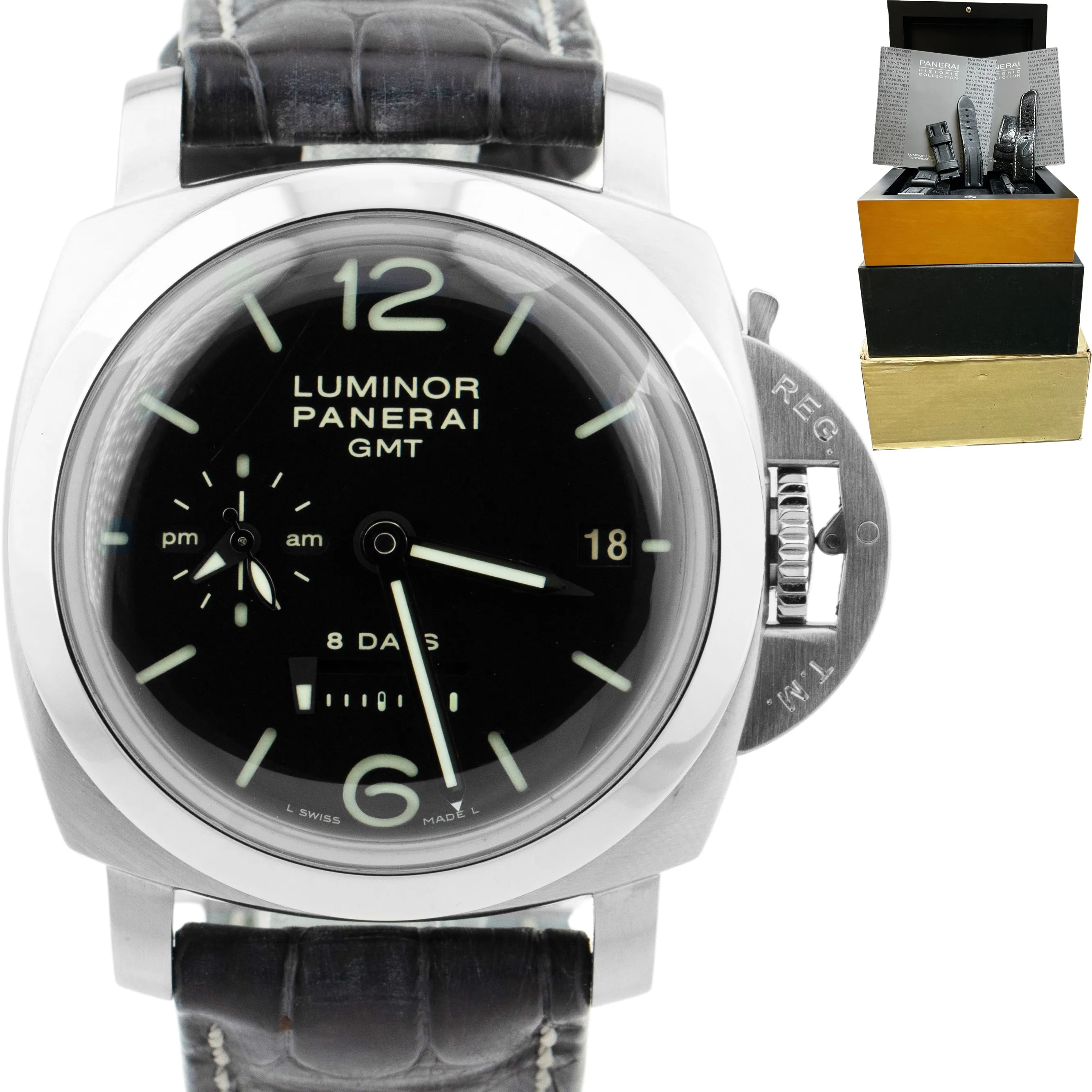 Panerai Luminor GMT 1950 PAM 233 8 Days Date Black Steel 44mm Watch PAM00233