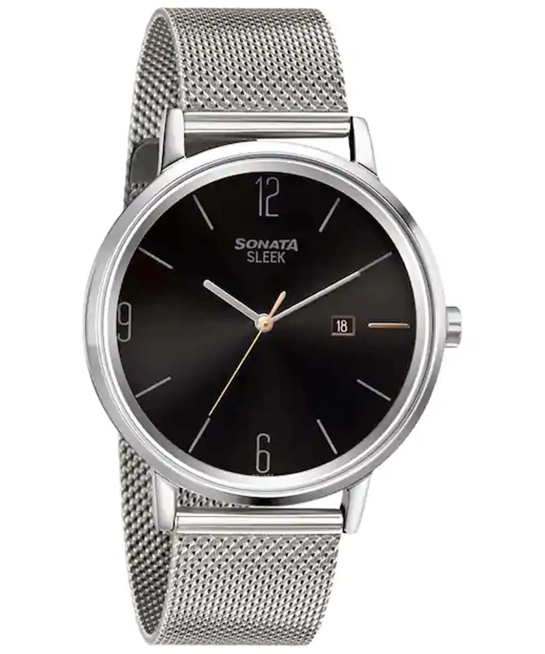 Sonata Men's Sleek Black Dial Silver Stainless Steel Strap Watch, 7131SM02