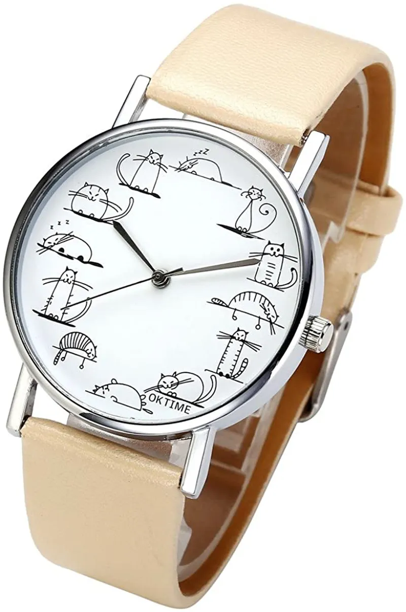 Top Plaza Fashion Women's Platinum Plated Mini Cat Glasses Analog Quartz Watch, PU Leather Strap Gold Tone