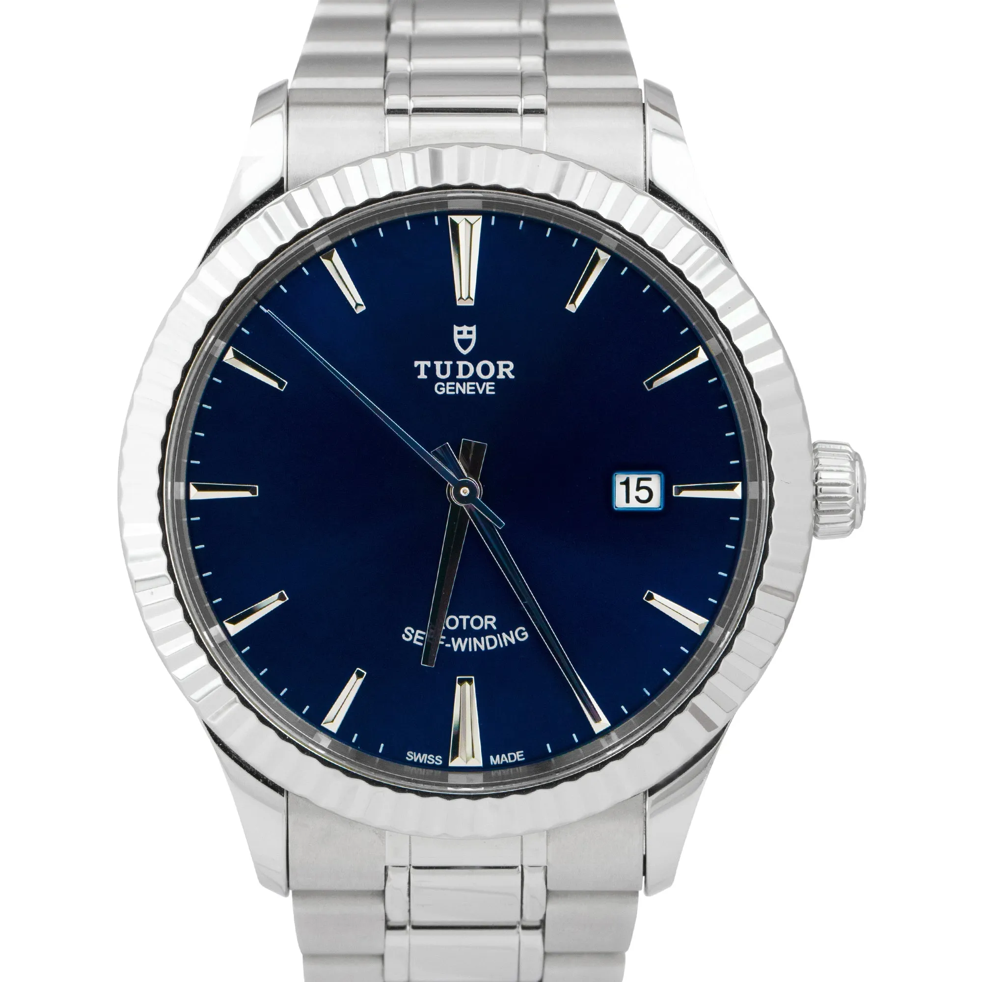 Tudor Style Stainless Steel Fluted Blue Date 41mm Automatic Watch 12710 BOX