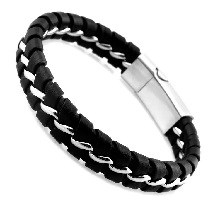 Unique Designer 316L Stainless Steel Bracelets & Bangles Mens Gift Black Leather Knitted Magnetic Clasp Bracelet Men Jewelry