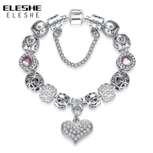 Valentine's Gift 925 Unique Silver Jewelry Heart Bracelet Bangle European Crystal Charms Beads Bracelet For Women Pulseras Gift