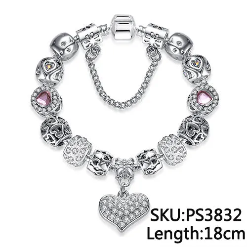 Valentine's Gift 925 Unique Silver Jewelry Heart Bracelet Bangle European Crystal Charms Beads Bracelet For Women Pulseras Gift