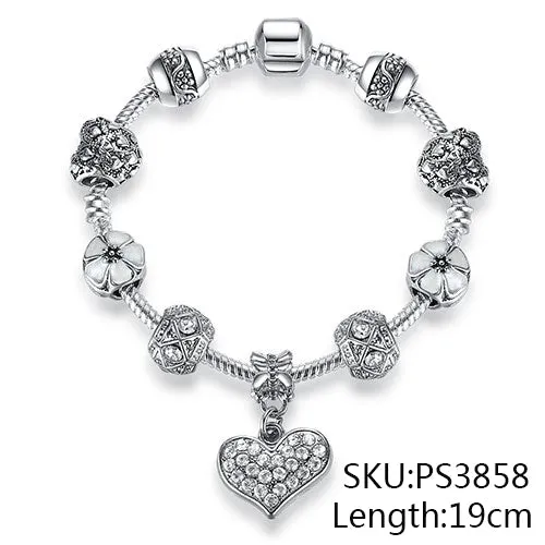 Valentine's Gift 925 Unique Silver Jewelry Heart Bracelet Bangle European Crystal Charms Beads Bracelet For Women Pulseras Gift