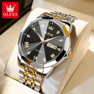 Watch for Men Diamond Luxury Casual Two Tone Stainless Steel Date Quartz Watch Waterproof Luminous, Gifts for Men, Adult Male Wristwatch