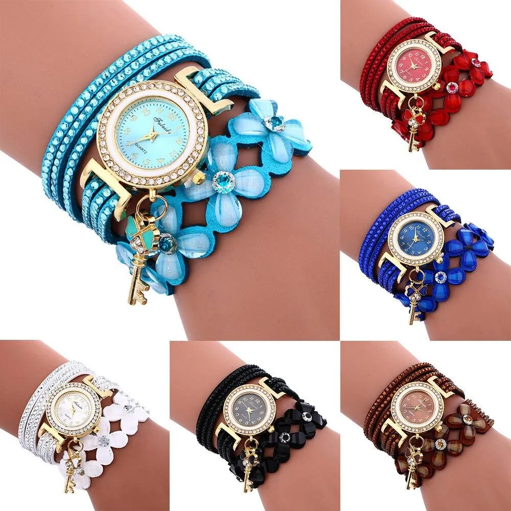 Women Quartz Floral Multi-layer Bracelet Wrist Watches